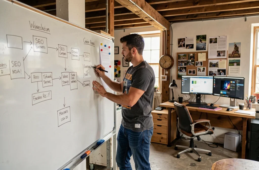 Designer indépendant de l'agence Biceps créant des maquettes SEO et web dans un studio créatif atypique