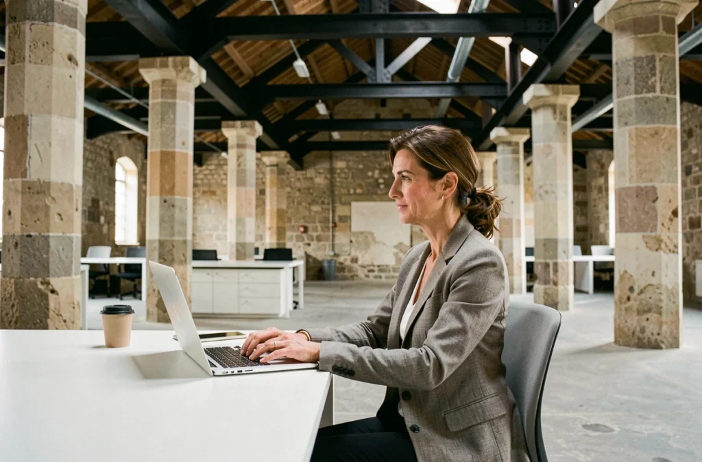 Femme travaillant à un bureau épuré dans l'espace de coworking Bureau & Co aux Docks de Marseille, dans un ancien entrepôt portuaire rénové