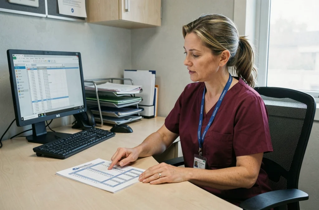 Cadre de santé féminine discutant d'une grille salariale CCN 51 dans son bureau administratif