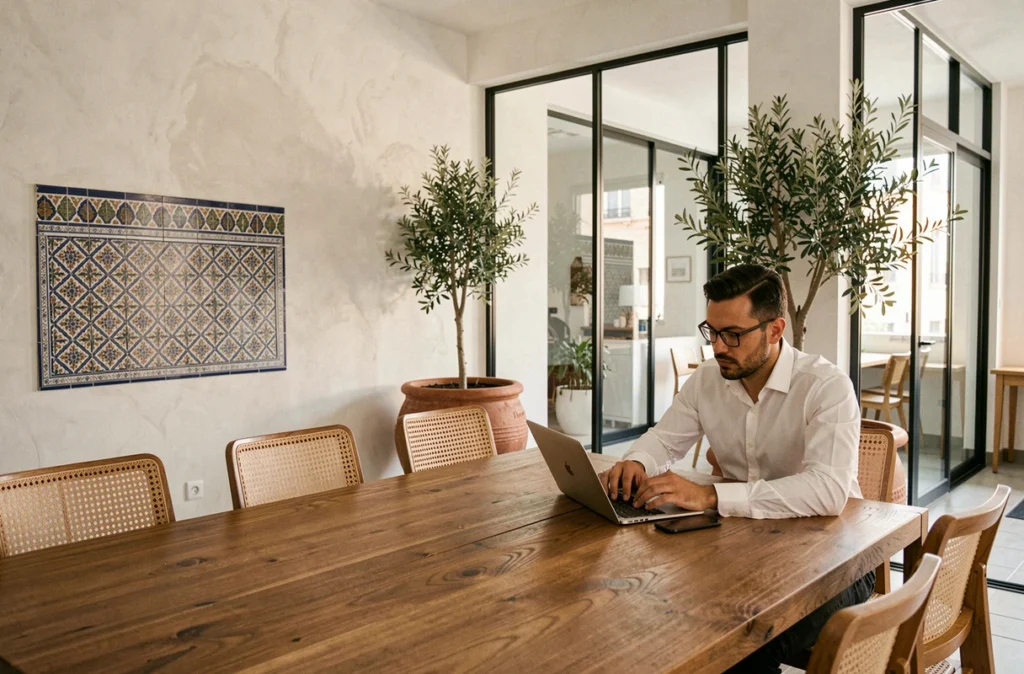 Professionnel concentré travaillant au Centre Atlas à Marseille, dans un espace de coworking aux accents architecturaux méditerranéens