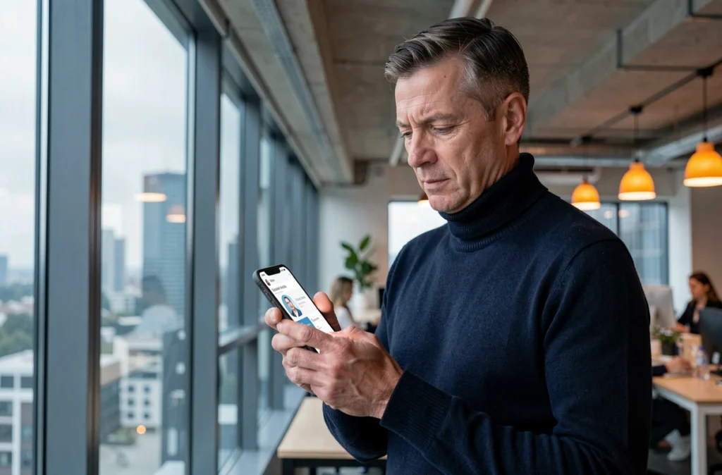 Chef d'entreprise consultant son réseau professionnel B2B sur smartphone dans un espace de coworking moderne