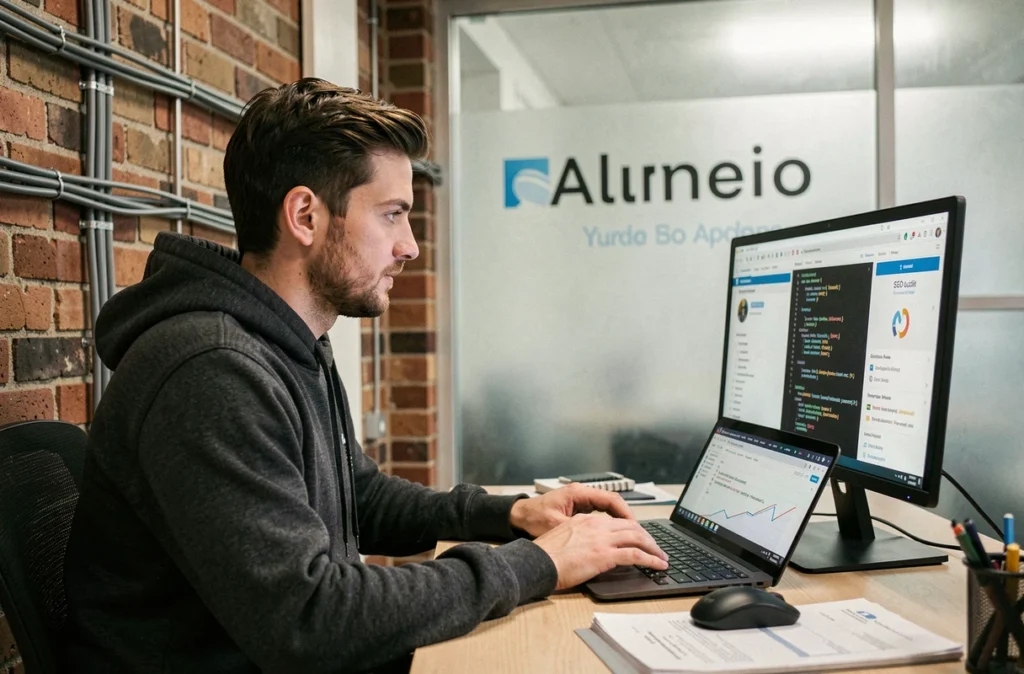 Développeur web de Digital Position codant un site optimisé SEO dans un bureau d'agence digitale moderne