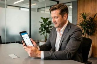 Dirigeant d'entreprise consultant une plateforme de mise en réseau B2B sur tablette dans un bureau moderne