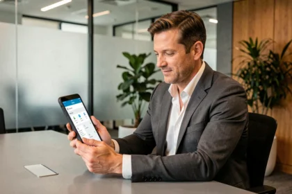 Dirigeant d'entreprise consultant une plateforme de mise en réseau B2B sur tablette dans un bureau moderne