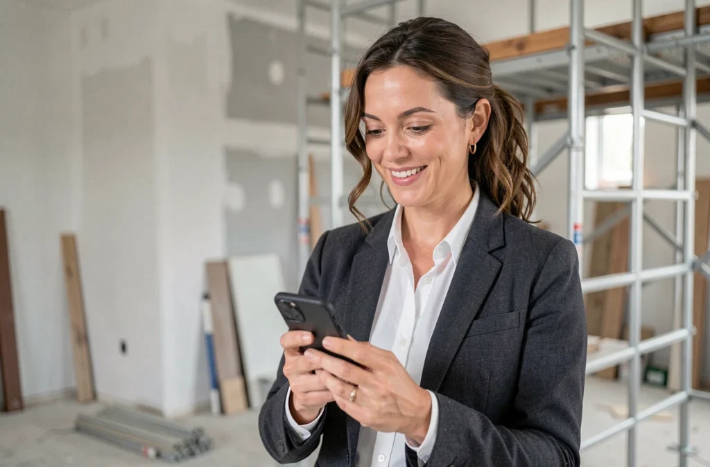 Entrepreneuse du bâtiment consultant son profil professionnel sur smartphone devant un chantier de rénovation