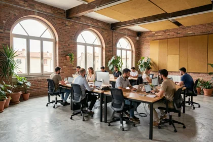 Vue panoramique d'un espace de coworking moderne dans les Bouches-du-Rhône, avec des professionnels travaillant dans un loft industriel rénové
