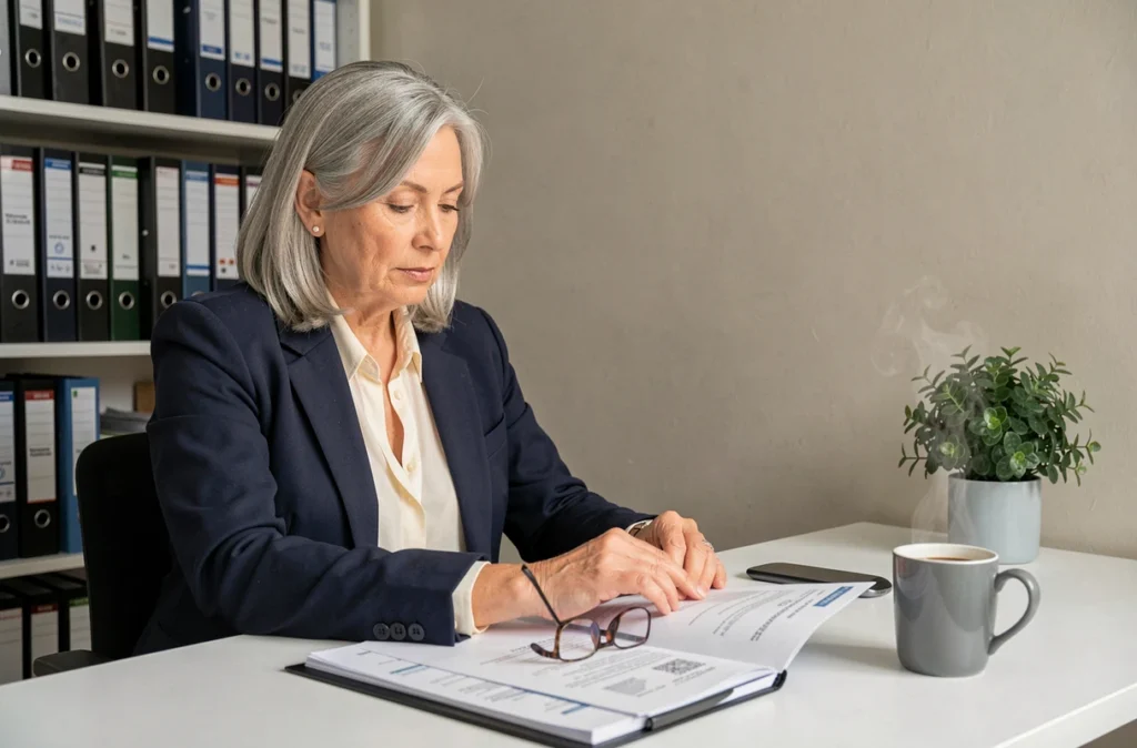 Femme cadre en fin de carrière examinant des documents de retraite et d'indemnités