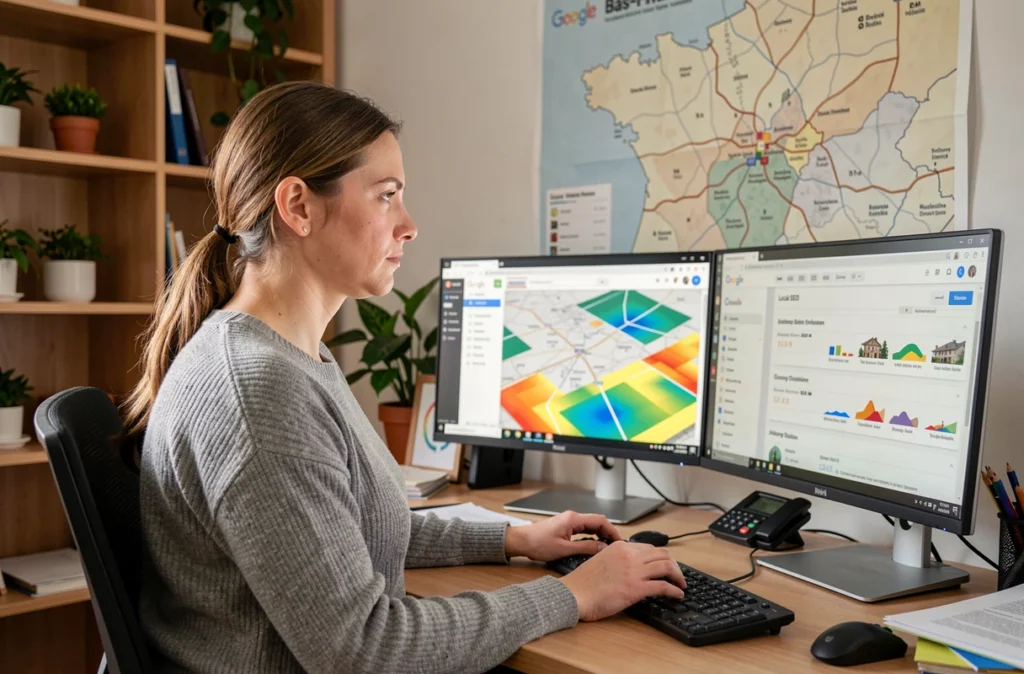 Spécialiste en référencement local d'Hémisphère Web analysant des données SEO sur une carte du Bas-Rhin