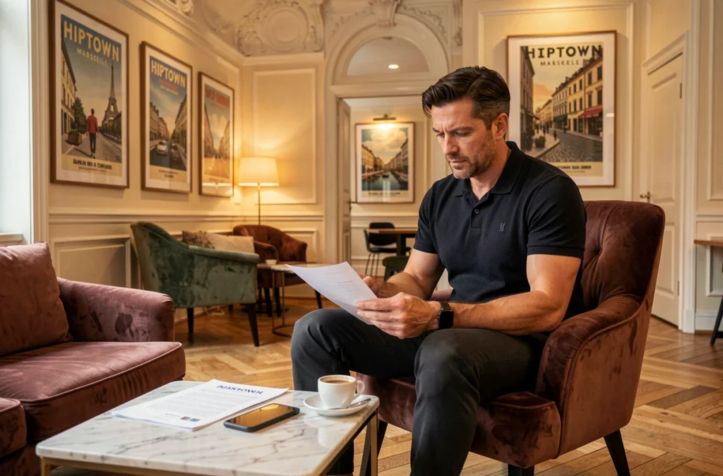 Professionnel dans un fauteuil en velours dans le cadre élégant et hôtelier d'Hiptown Marseille, espace de coworking haut de gamme