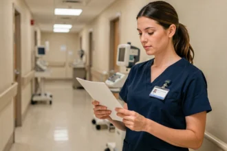 Infirmière en blouse bleue consultant un document sur son salaire dans un couloir d'hôpital moderne