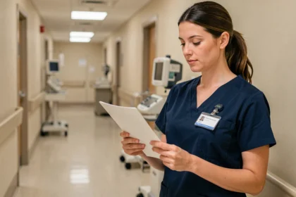 Infirmière en blouse bleue consultant un document sur son salaire dans un couloir d'hôpital moderne