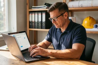 Artisan entrepreneur inscrivant son entreprise sur une plateforme de visibilité locale depuis son bureau professionnel