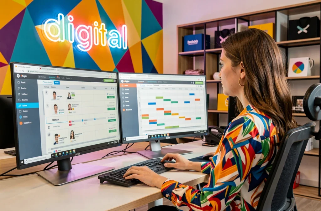 Responsable SEO et social media de K4tegori gérant des campagnes digitales depuis un bureau créatif et coloré