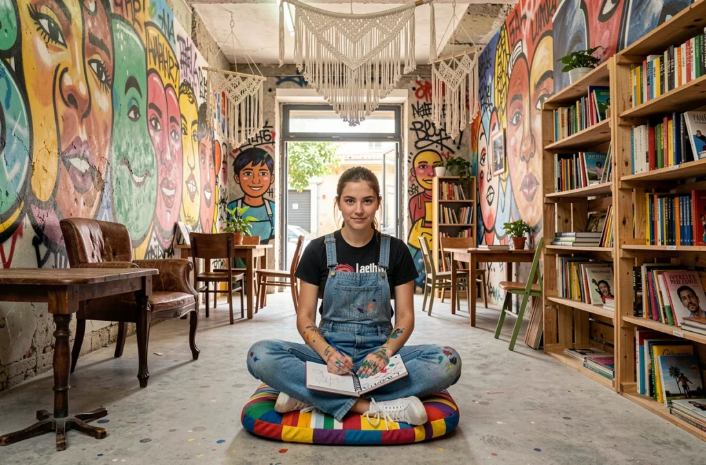 Jeune créative assise sur un coussin dans l'espace culturel et de coworking La Fabulerie à Marseille, entourée de fresques murales et de mobilier vintage