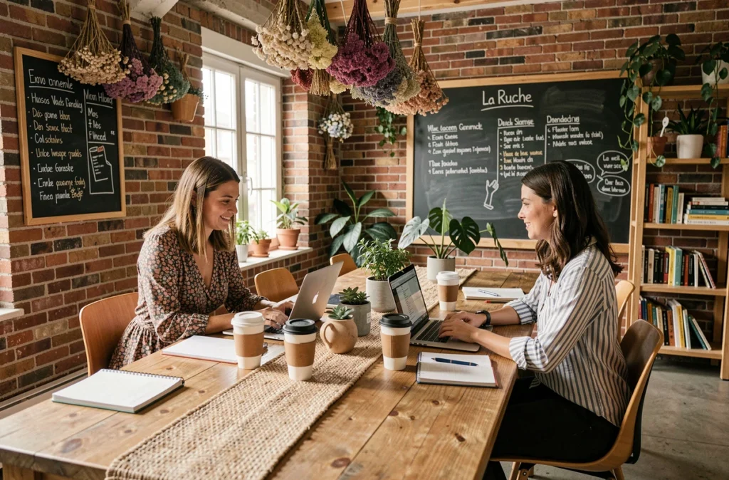 Deux femmes travaillant côte à côte dans l'ambiance chaleureuse et coopérative de La Ruche Marseille, espace de coworking collaboratif
