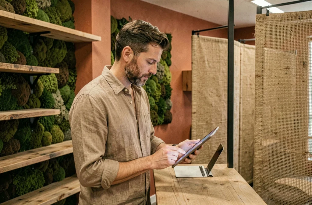 Homme en chemise de lin travaillant debout dans l'espace biophilique et naturel de Le Mangrove, coworking dans la métropole marseillaise