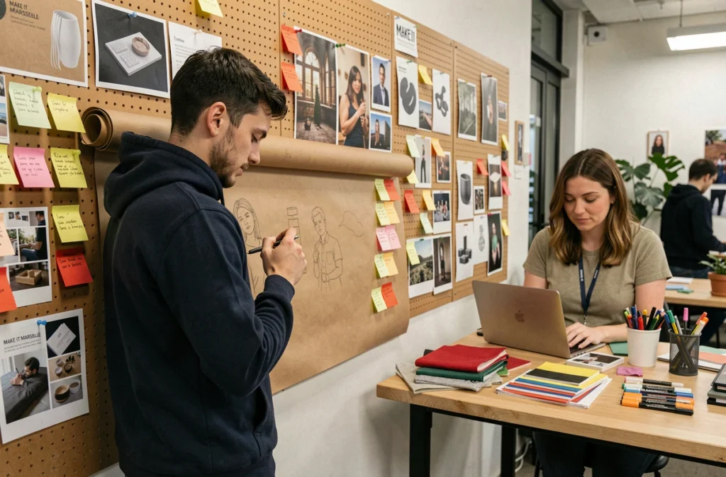 Designer en plein travail créatif sur un grand mur de projets au sein de l'espace Make It Marseille, espace dédié aux entrepreneurs et créatifs