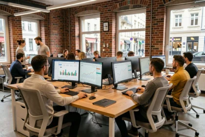 Équipe d'une agence SEO du Bas-Rhin travaillant sur des tableaux de bord analytiques dans un bureau moderne à Strasbourg