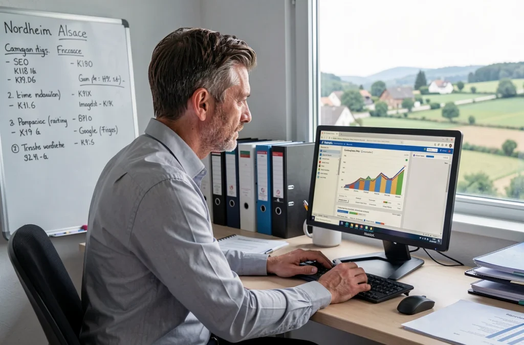 Consultant SEO et SEA de MKH analysant des rapports de campagnes combinées dans un bureau à Nordheim