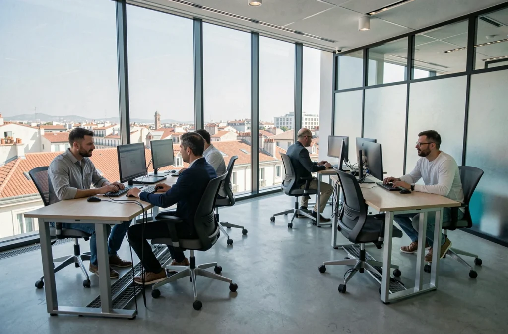 Vue générale de l'open space de Now Coworking Marseille avec des professionnels en télétravail et une vue panoramique sur les toits de la ville