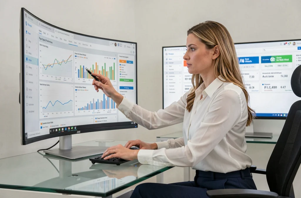 Analyste digitale de l'agence Tiz examinant des métriques de performance web et SEO sur un écran incurvé moderne
