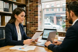 Une femme entrepreneur en réunion avec un conseiller en création d'entreprise dans un espace de coworking moderne