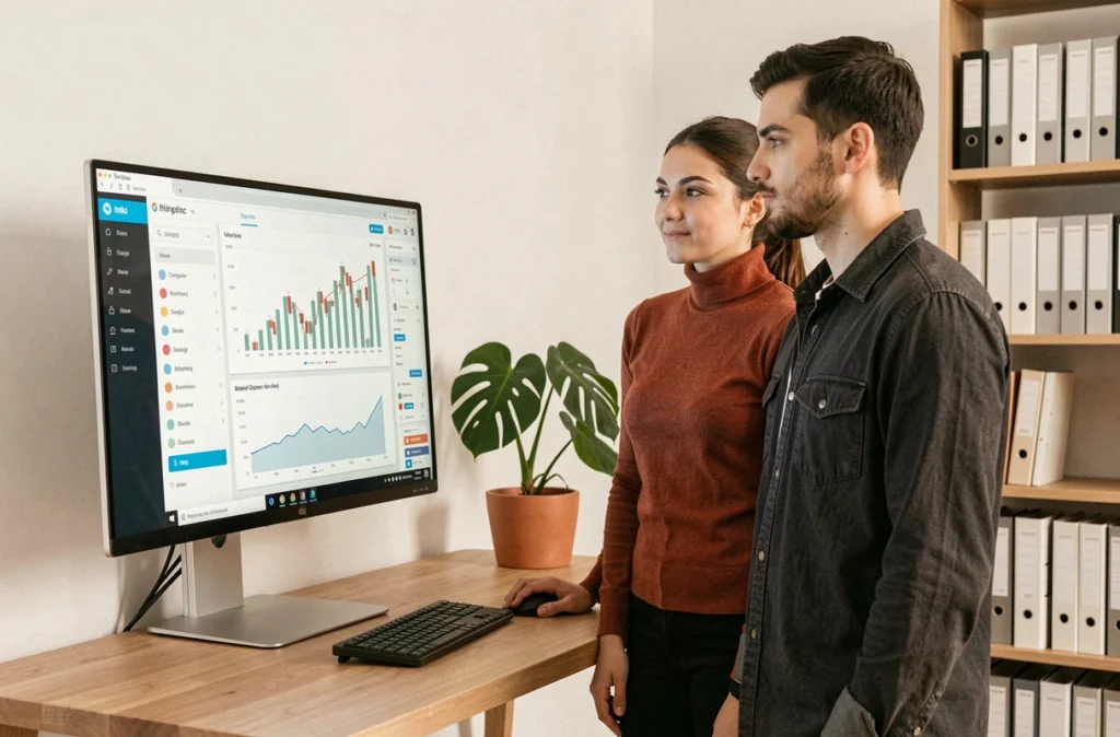 Deux co-fondateurs d'une jeune entreprise analysant un logiciel de comptabilité externalisée sur grand écran dans un bureau minimaliste