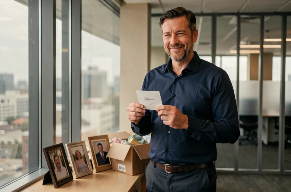 Employé souriant tenant une carte d'adieu lors de son dernier jour de travail au bureau