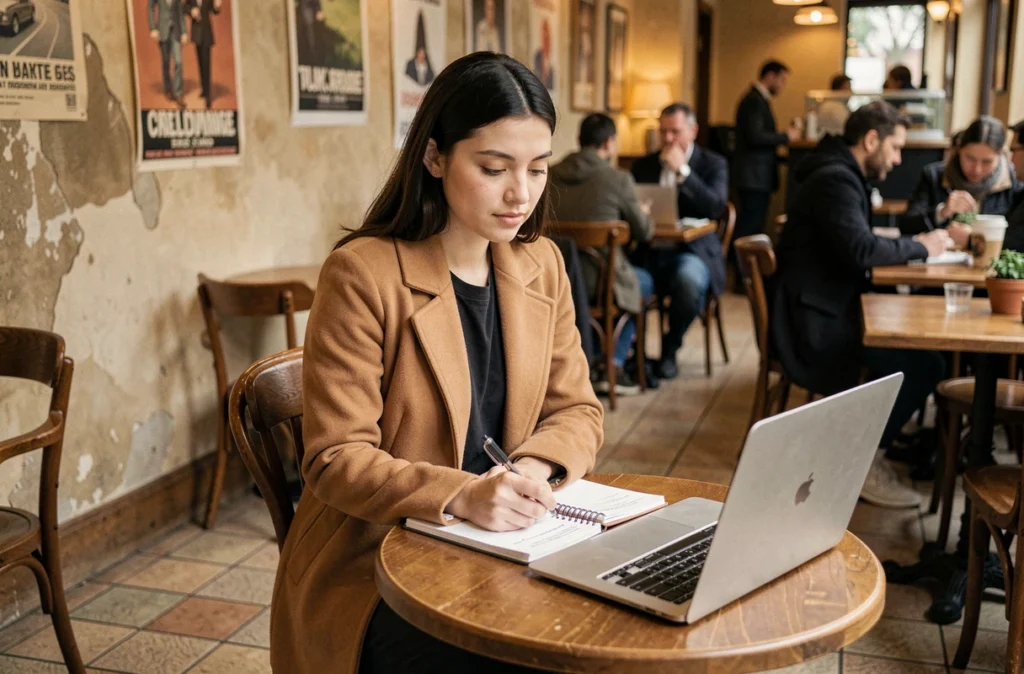 Une jeune femme entrepreneur travaillant seule sur son projet de création d'entreprise dans un café parisien