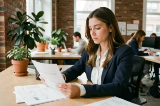 Jeune femme entrepreneur consultant des documents comptables dans un bureau de startup moderne avec murs en briques apparentes