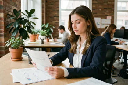 Jeune femme entrepreneur consultant des documents comptables dans un bureau de startup moderne avec murs en briques apparentes