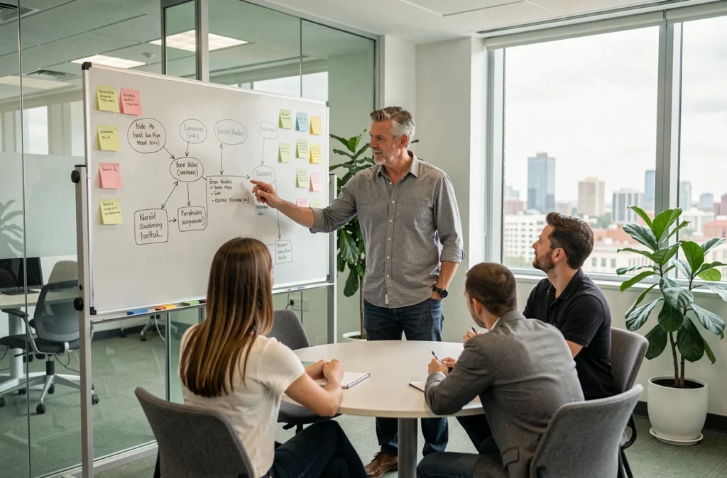 Un porteur de projet présentant son plan d'affaires sur un tableau blanc lors d'un atelier d'accompagnement entrepreneurial