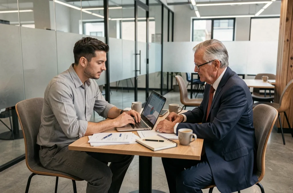Jeune chef d'entreprise en réunion avec un expert-comptable externe analysant des tableaux financiers dans un espace de coworking